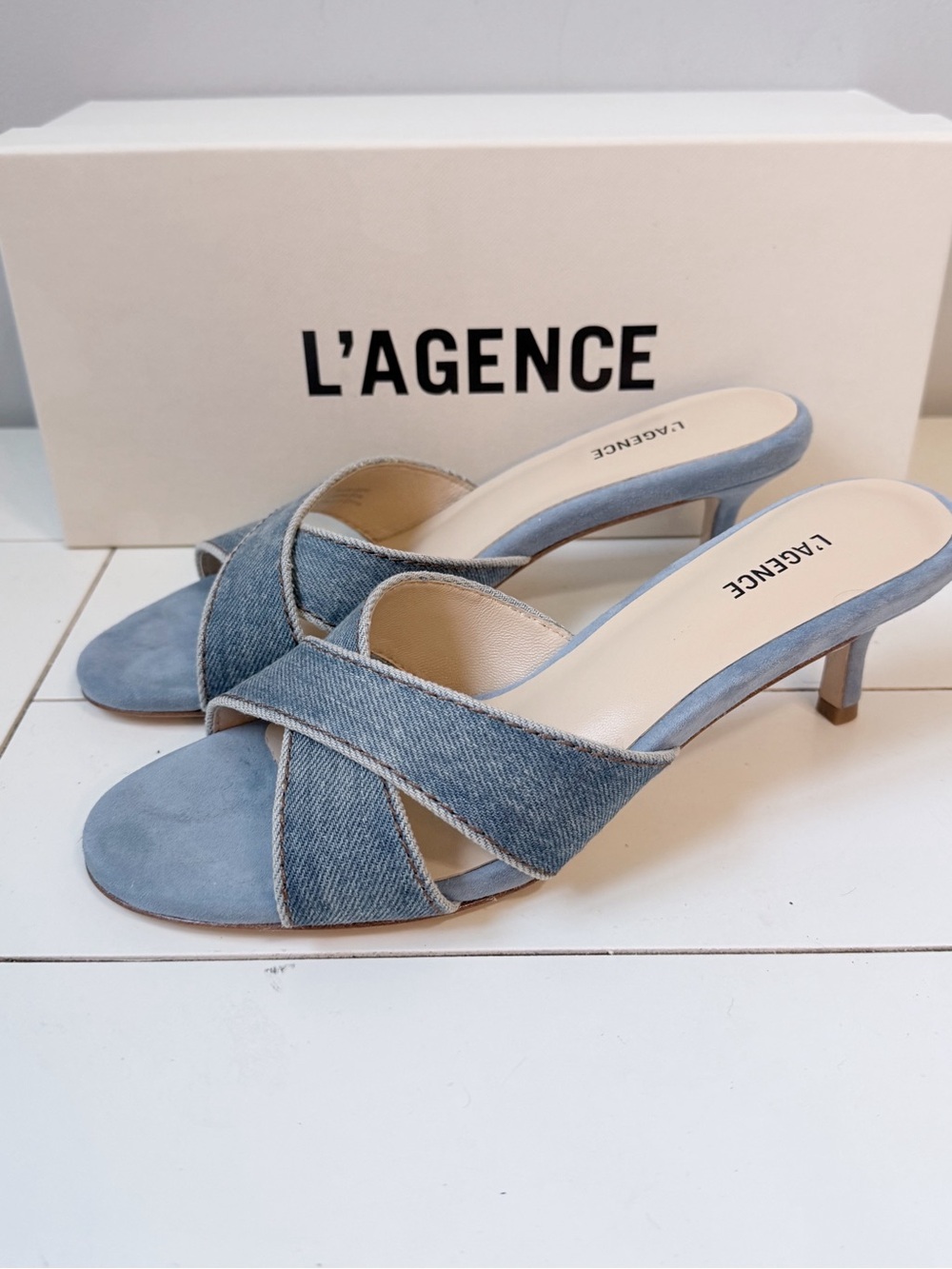 L'AGENCE Aveline Denim Suede Crisscross Mule Kitten Heel Sandals Blue Size 6